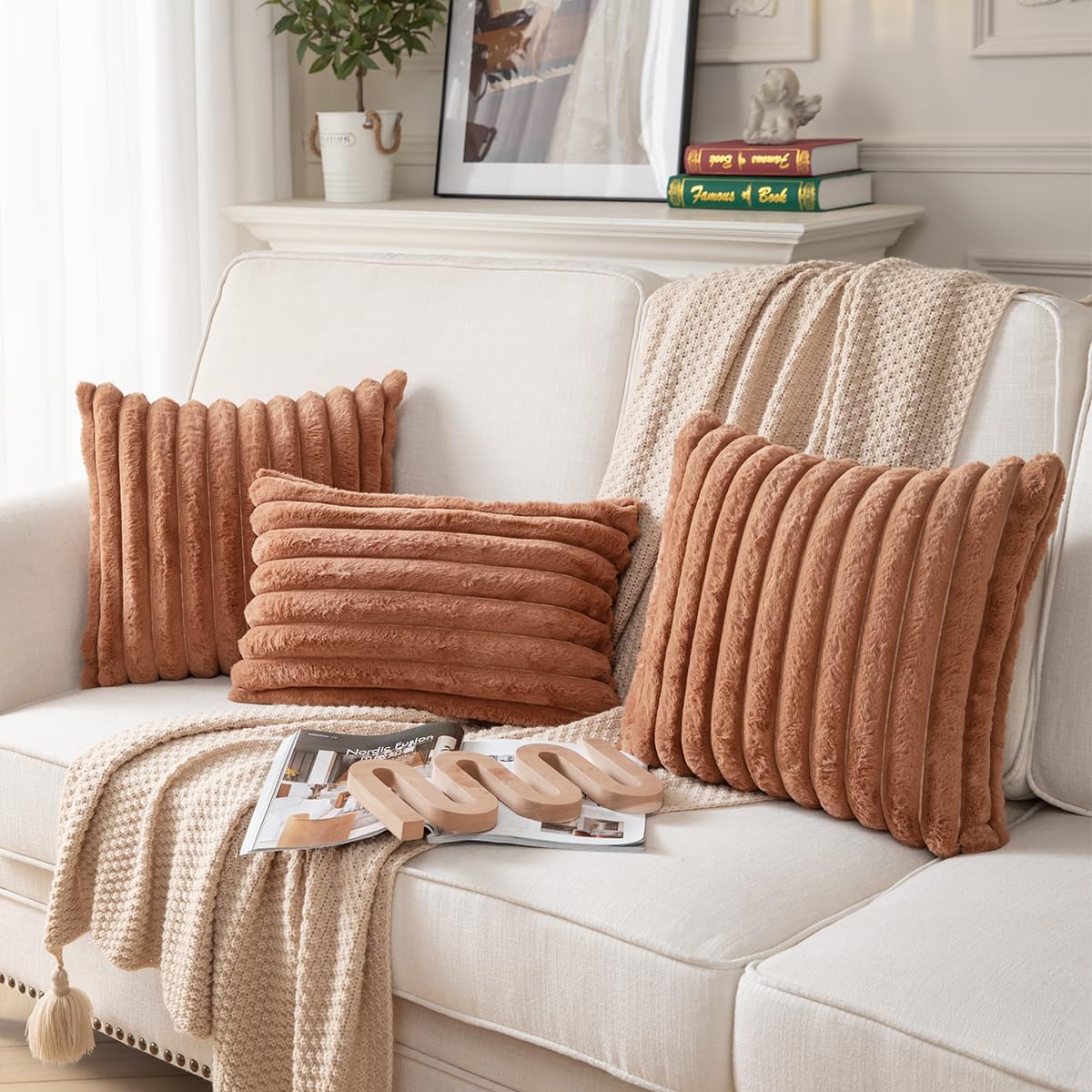 DEELAND Pack of 2,Double-Sided Faux Fur Plush Decorative Throw Pillow Covers Fuzzy Striped Soft Pillowcase Cushion Covers for Sofa Couch Bedroom Brown 26x26 inch