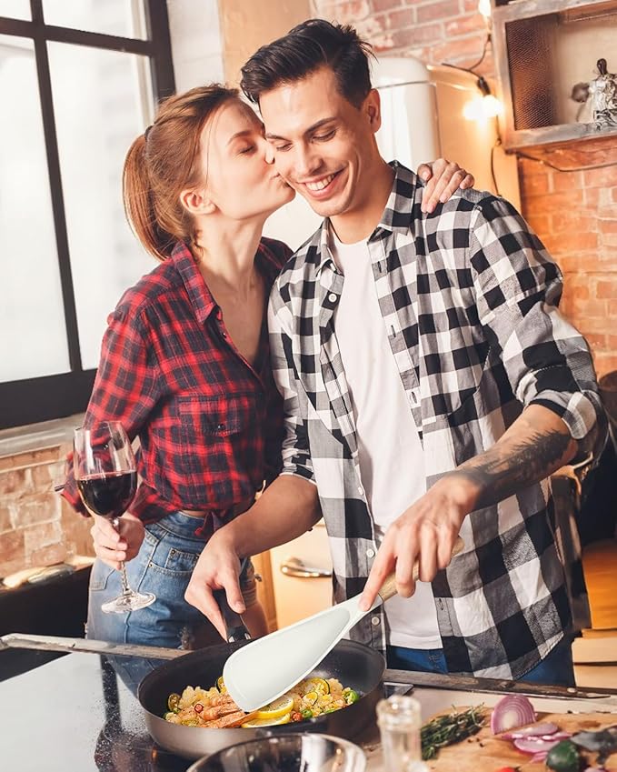 Cooking Spoon for Nonstick Cookwares, Great for Cooking and Serving Sturdy BPA-Free Matte Silicone, Wood Handle Spoon for Mixing, Scoop, and Scrape (Black & White, 11.4 inch)