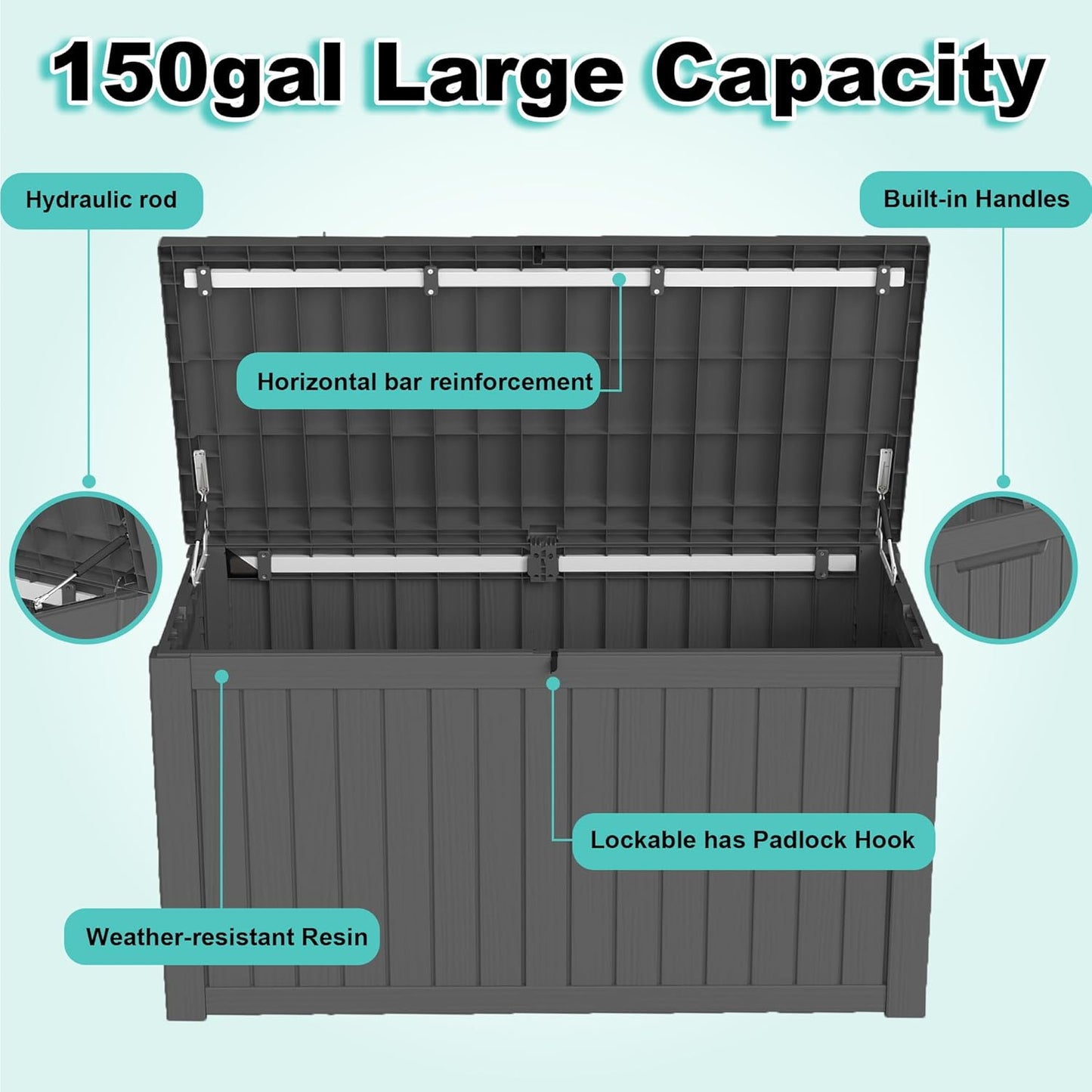 150Gal Outdoor Deck Box Waterproof, Lager Patio Storage Box Indoor and Outdoor Use, Lockable Resin Storage Bin for Patio Furniture Cushions Garden Tools, Package Delivery,UV Resistant-Black