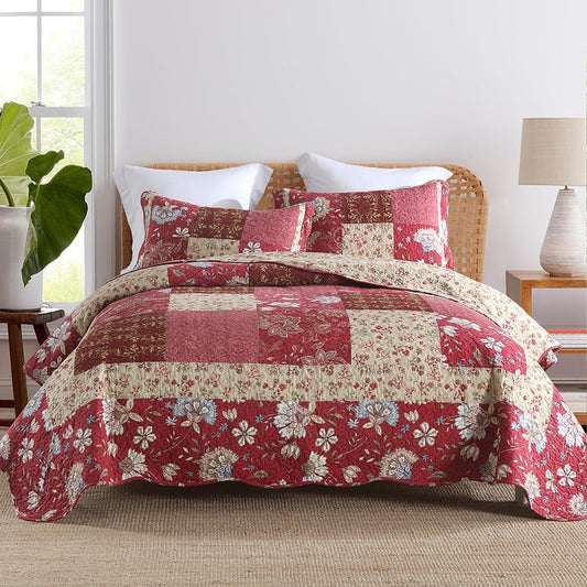 Cotton Bedspread Quilt Bedding Sets 3 Pieces Reversible Coverlet Sets Comforters Vintage Floral Patchwork Purple Red Bedspread, King Size