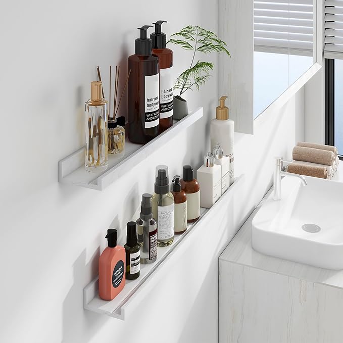 Floating Picture Ledge Shelves 48 Inch Solid Oak Wood Set of 2, Rustic Wall Storage Shelves with Lip, Kids Bookshelf, Photo & Picture Ledge Shelves for Bedroom, Living Room, Kitchen