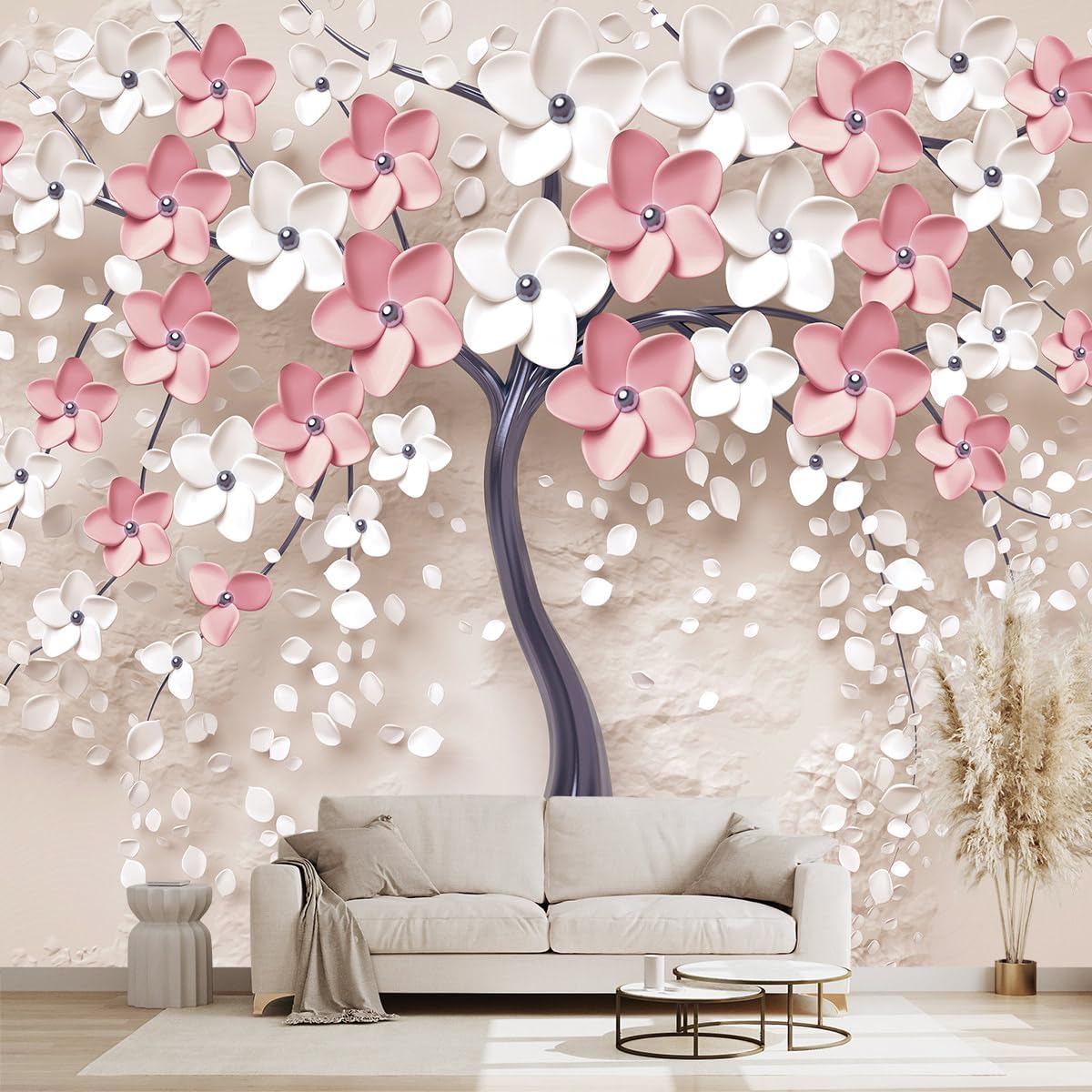 3D Relief Abstraction Pink Flowers Tree Mural Bedroom Floral Wallpaper Room Decor Living Room tv Background Large Wall Mural - 137"x96" (Not Peel and Stick)