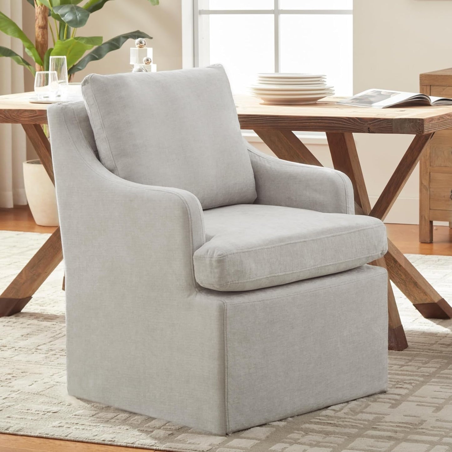 VKNOW Upholstered Dining Chairs, Modern Kitchen Chairs Dinner Chairs with 4 Casters, Linen Armchair for Bedroom Reading Room Living Room, Light Grey