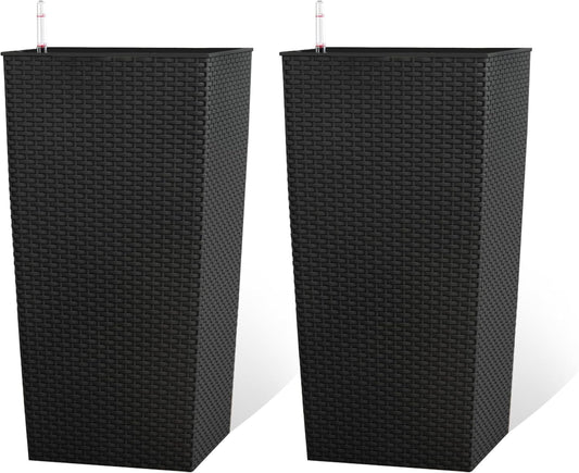 2Pcs 23in High Large Plant Pots Planter-Self-Watering,Modern Planter with Drain Holes,Water Level Monitor,Inner Bucket for Indoor/Outdoor Front Porch Patio,Black Rattan