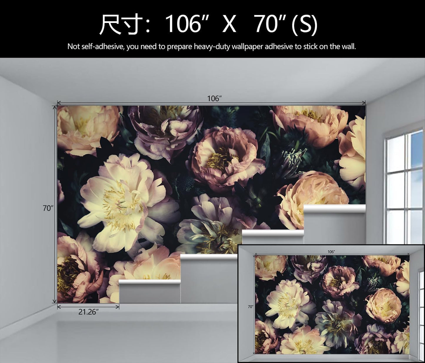 Dark Vintage Floral Wallpaper Large Peony Flowers Wall Mural Bedroom (Not Peel and Stick)