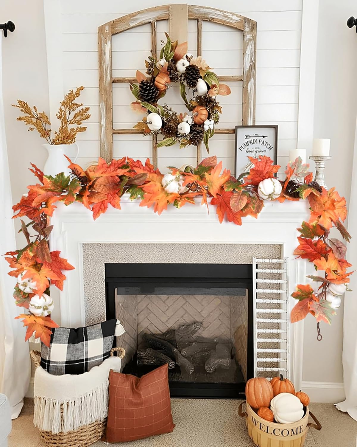DearHouse 6ft Pumpkin Fall Maple Leaves Garland - Artificial Autumn Foliage Hanging Vine for Thanksgiving, Home, Wedding, Fireplace, Party, Christmas Decor (Orange & Brown)