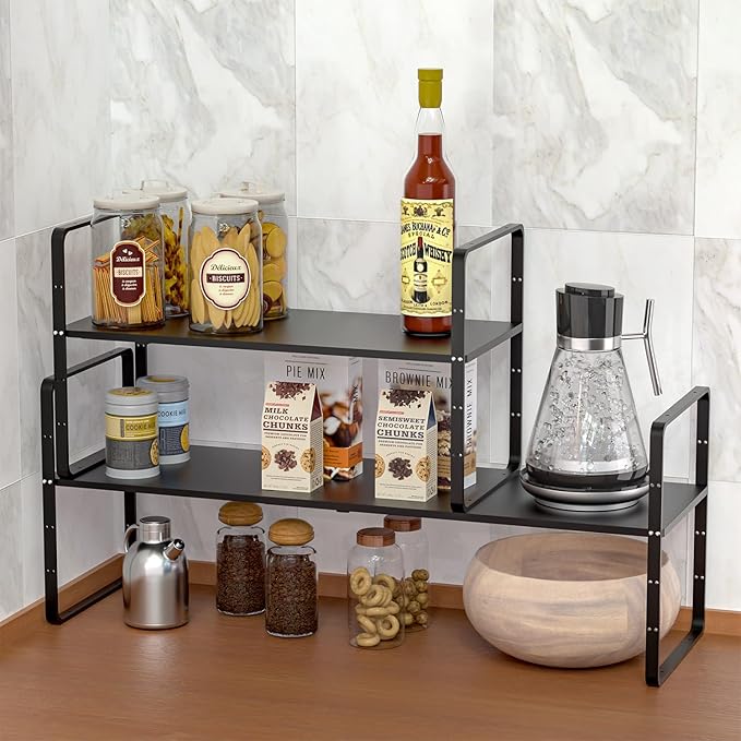 iPEGTOP Expandable Cabinet Storage Shelf Organizer Rack, Heavy Duty Steel Metal Spice Rack Adjustable Height Home Office Garage Pantry Shelf Space Riser for Counter Kitchen Organization, Black, 3 Pack