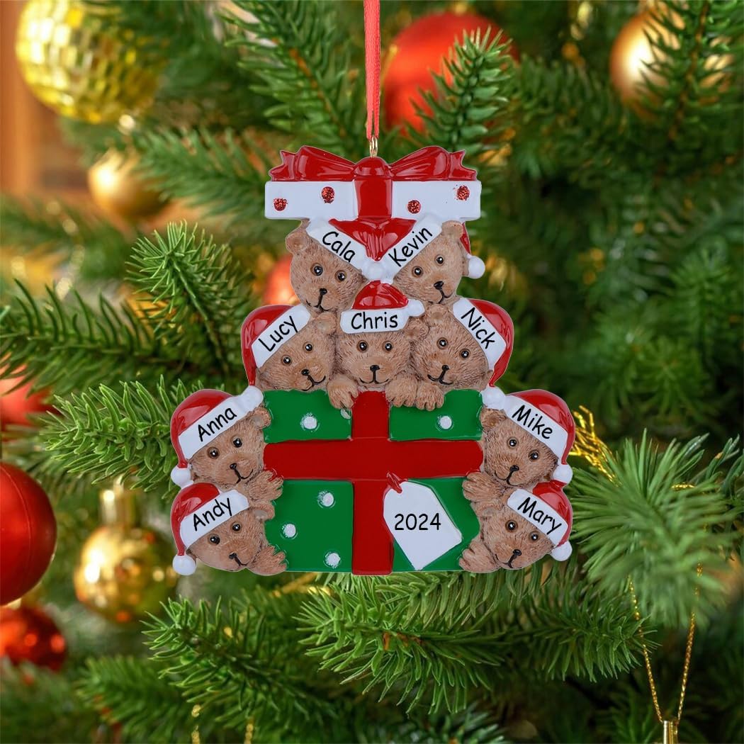Personalized Bear Family Christmas Ornament 2024, Family of 9 Bear with Gift Box Ornaments for Christmas Tree, Personalized Bear Christmas Ornament, Unique Keepsake Gift for Big Family, Grandkids