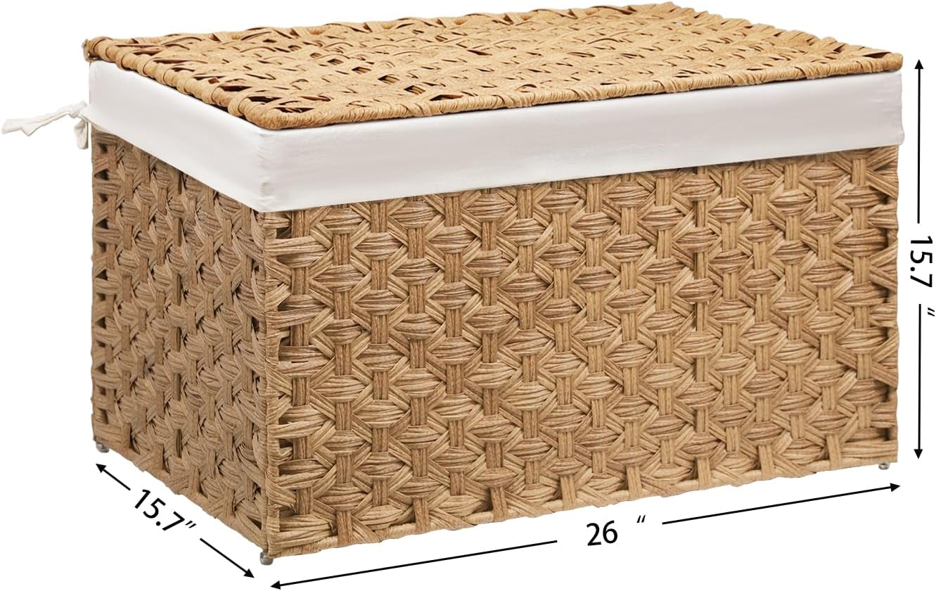 Wicker Storage Basket with Lid, 27.7 Gallon (105L) Large Blanket Basket with Lid, Woven Storage Bin with Handles, Removable Liner, Metal Frame, Foldable, for Bedroom, Laundry Room, Natural