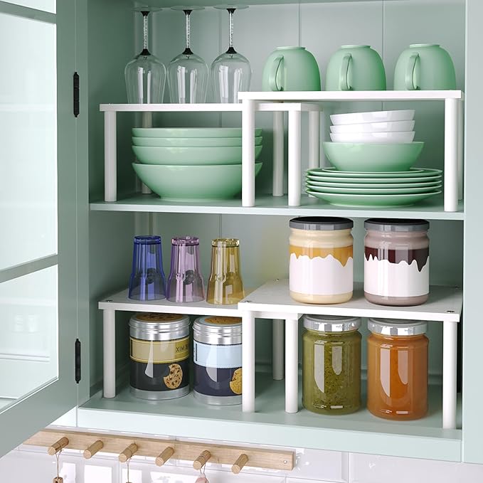 Cabinet Organizer Shelf(Set of 2),Kitchen Counter Shelves,Bamboo Spice Rack Countertop and Cabinet,Stackable Expandable,Medium,(White)