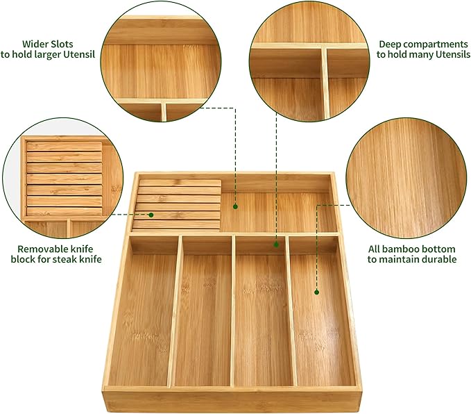 VaeFae Bamboo Silverware Organizer (Non-expandable), Utensil Holder for Drawer, Wooden Cutlery Tray with Divider for Kitchen Drawer, Utensil Organizer with Knife Block