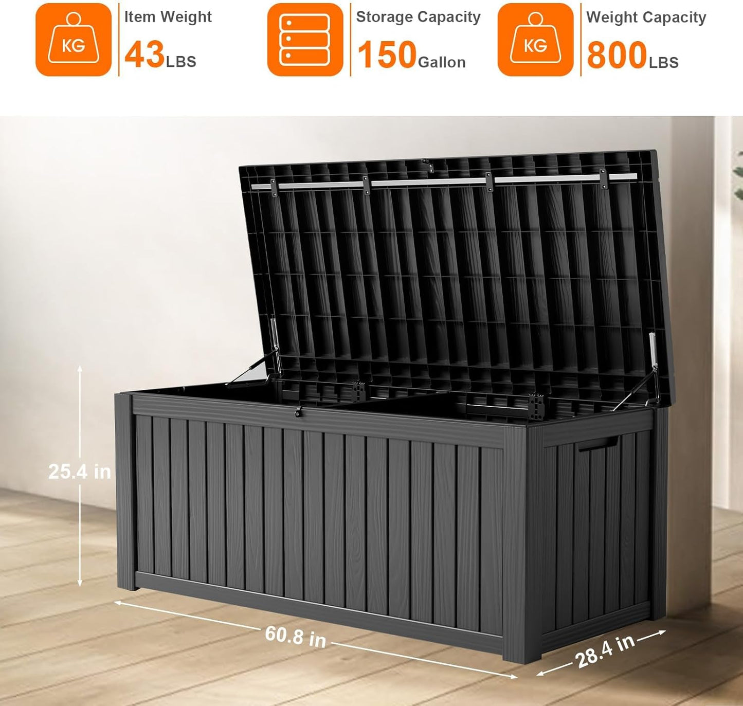 Vixzen 150 Gallon Resin Deck Box, Lockable Outdoor Storage Box for Patio Cushions Storage Furniture,Garden Tools, Pool Supplies, Weatherproof and UV Resistant- Black