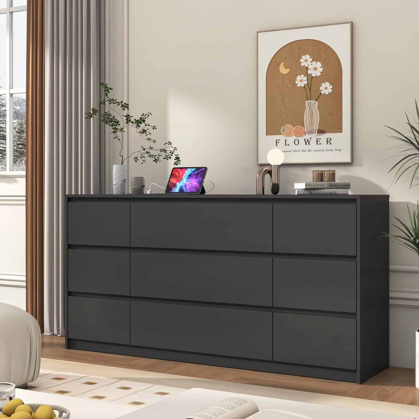 Black malm Dresser for Bedroom, 63 Inch Long 9 Drawers Dresser with Charging Station, Modern Large Wood Chest of Drawers Handle Free for Bedroom, Living Room, Entryway, Hallway, Black
