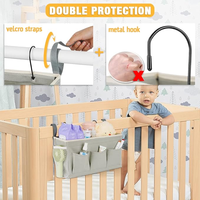 Bedside Caddy Organizer with Fixed Straps & Water Bottle Holder for Home, College Dorm, Bunk Bed, Hospital & Crib Bed Rails (2 pcs, Grey)