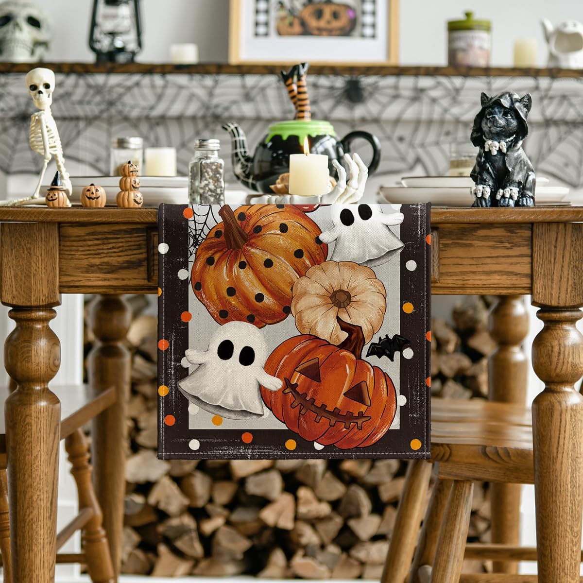 Artoid Mode Jack-O'-Lantern Pumpkin Ghost Spider Web Halloween Table Runner,Holiday Kitchen Dining Table Decoration for Home Party Decor 13 x 108 Inch