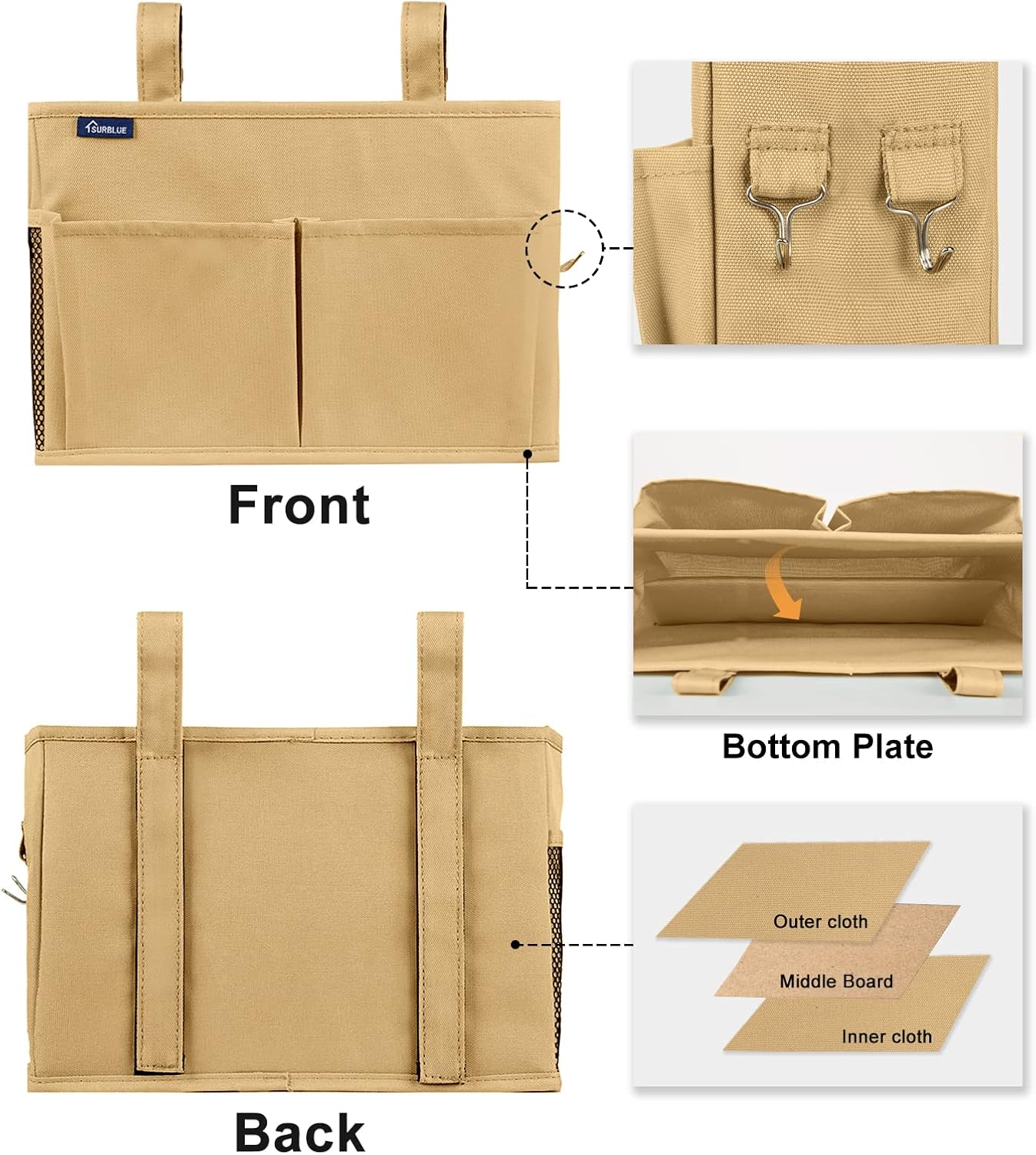 Surblue Bedside Caddy Hanging Organizer Bedside Storage Bag for Bunk and Hospital Beds (Small, Khaki)