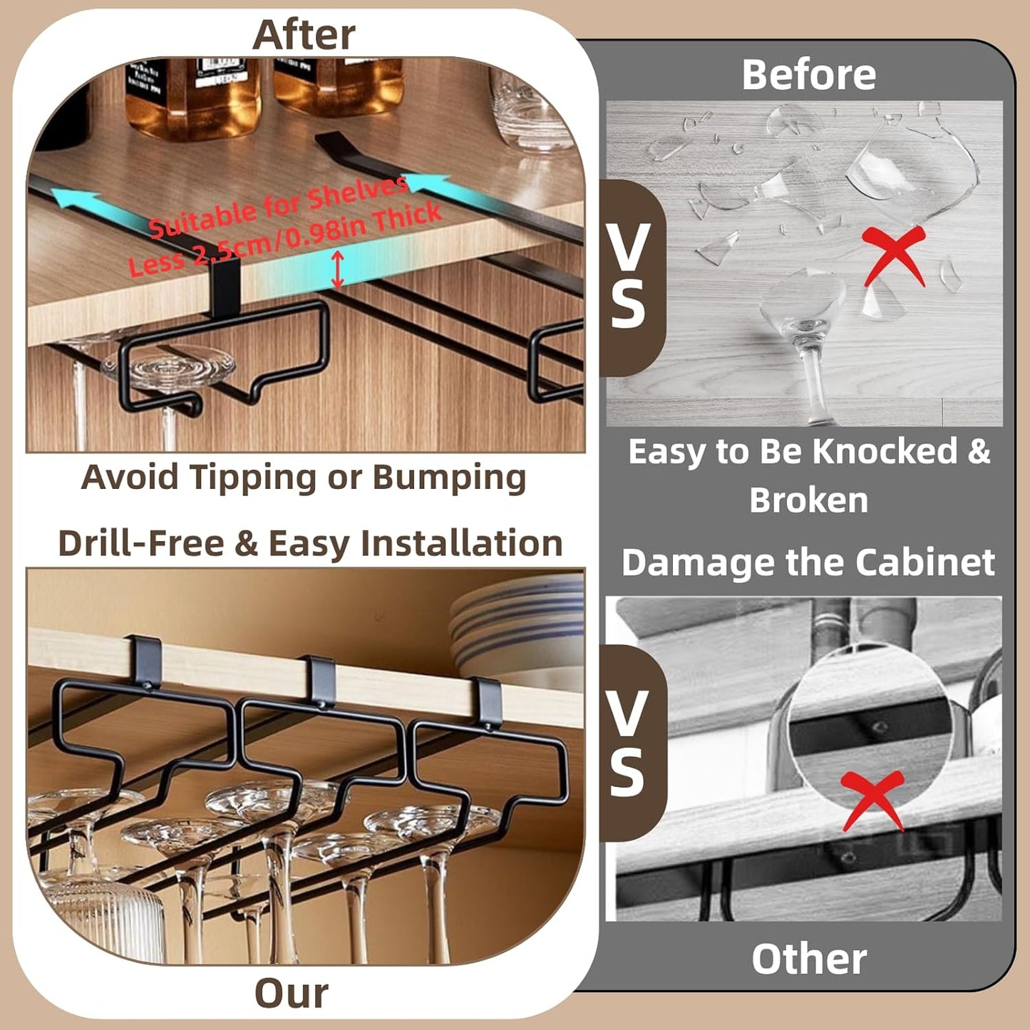 LINFIDITE Wine Glass Holder 2PCS Stemware Rack Hanger Under Cabinet Wine Glass Rack Kitchen Hanging Storage Rack Organizer,Black