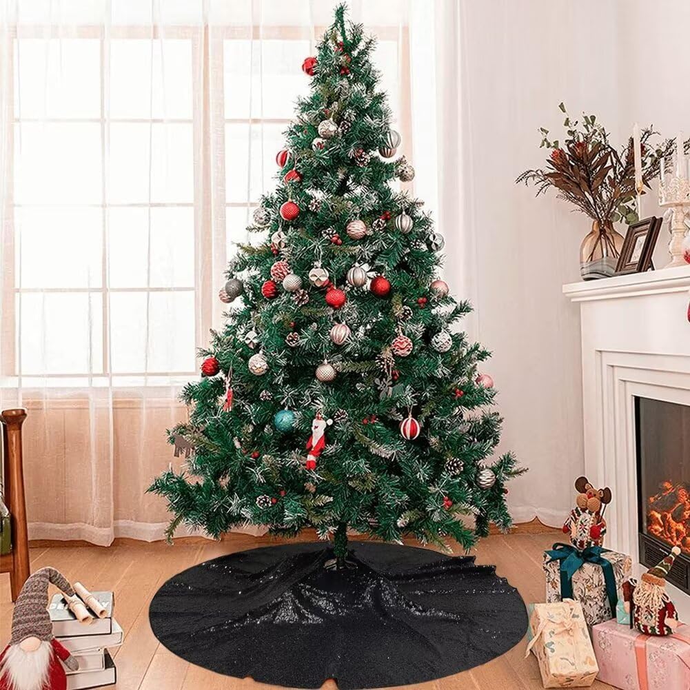 Eternal Beauty Christmas Tree Skirt, 50 Inch Black Halloween Sequin Tree Skirt Small Xmas Tree Skirt for Christmas Tree Decorations