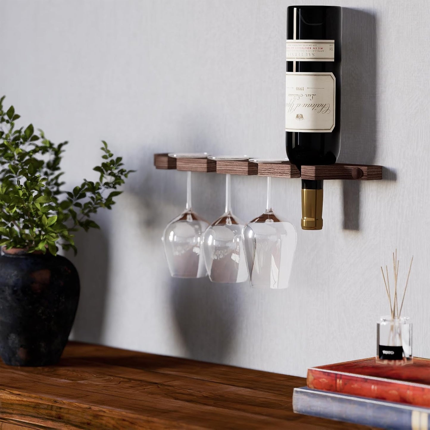 Rustic State Suvla Wall Mounted Wood Stemware Rack Hanging Shelf Glassware Holder Bar Organizer with 8 Wine Glass Storage 17 Inch Long Walnut