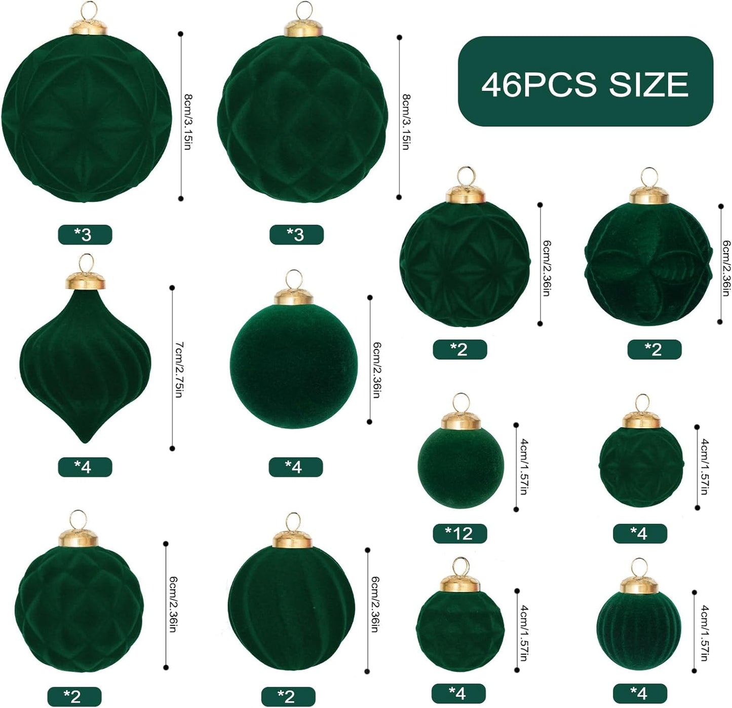 46PCS Velvet Christmas Ball Ornaments Set, Flocked Shatterproof Xmas Tree Decor, Assorted Hanging Ornaments with Loop for Holiday Home Decor, Christmas Tree, Mantel, Party Decoration (Green)