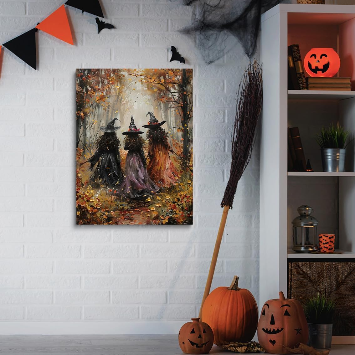 Vintage Three Witches In The Forest Painting Witch Print Witchy Canvas Print Halloween Wall Art Halloween Decor Witch Poster Dark Academia Gothic Room Decor for Bedroom 16x24in Large Frame wall art
