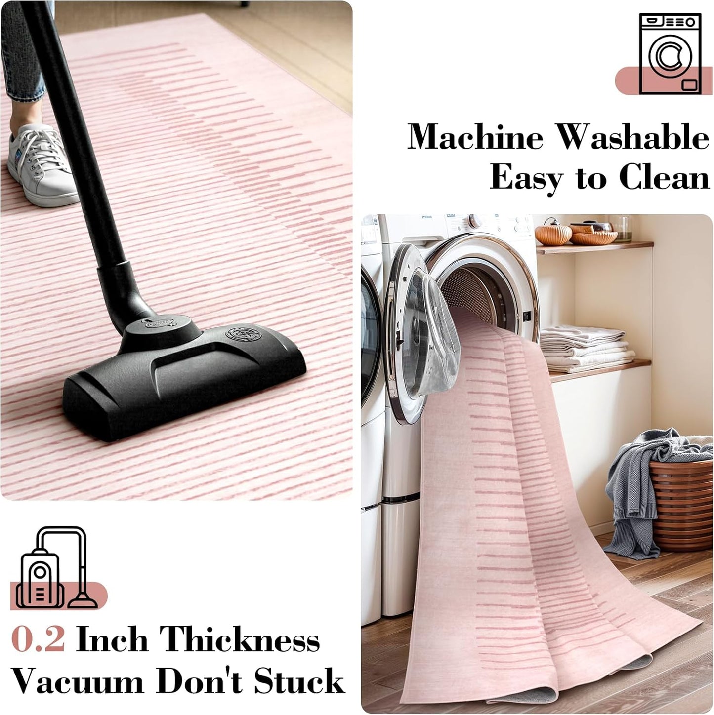 Wonnitar Washable Striped Living Room Area Rug 5x7, Non-Slip Berber Stripe Pink Area Rugs for Bedroom Girls, Low Pile Soft Large Throw Carpet for Kids Nursery Room (Pink,5' x 7')