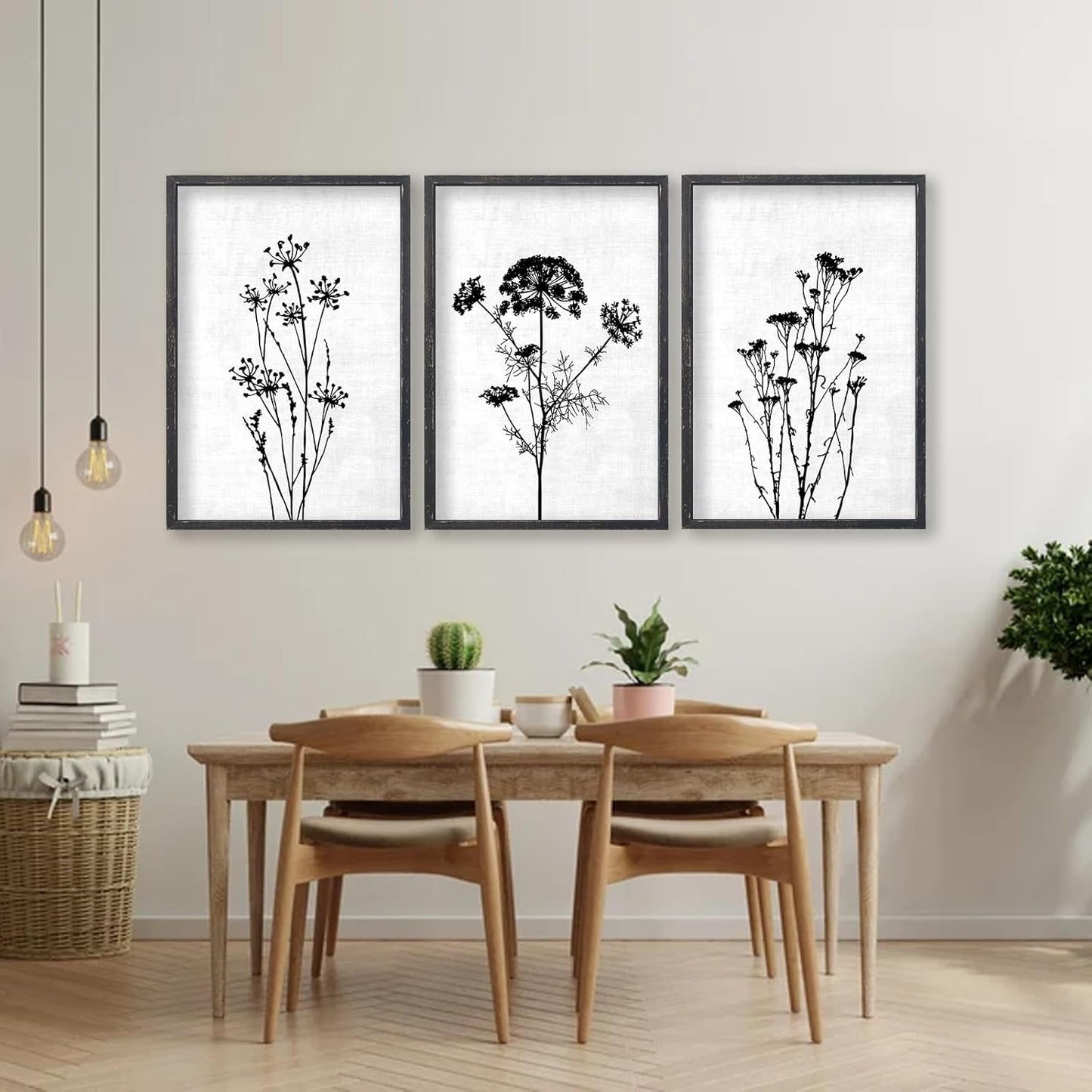 Flower Plant Wall Art Decor 24"x16" Set of 3 Black And White Botanical Painting Wood Framed For Minimalist Bedroom Office Rustic Living Room Abstract Wildflower Sign Hanging (Black)