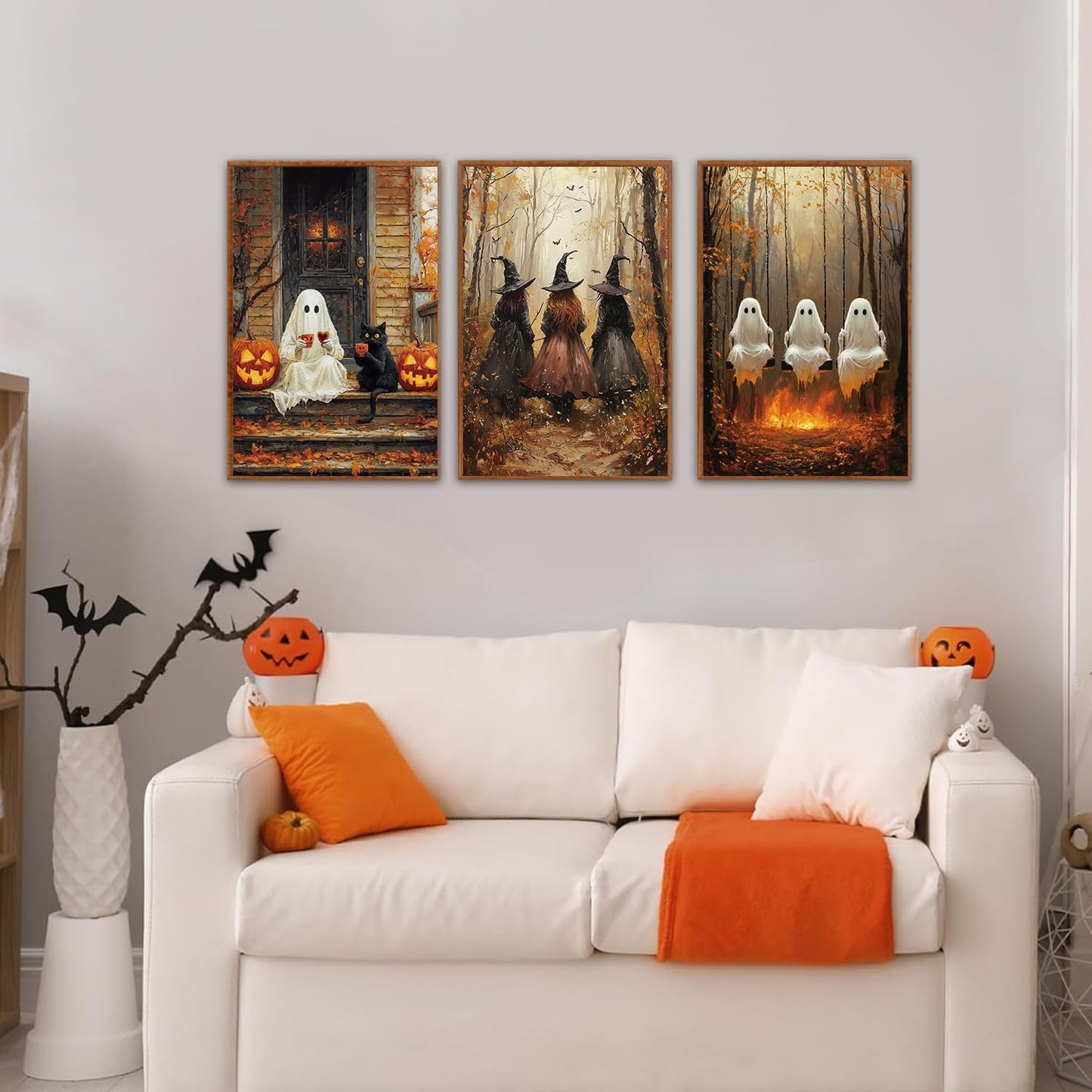 HLNIUC Framed Halloween Canvas Wall Art,Dark Witch Crow Raven Prints,Black Cat Decor,Horror Gothic Ghost Pictures Set of 3 (16"X24") Scary Pumpkin Wall Decor for Party Living Room Bedroom Decoration