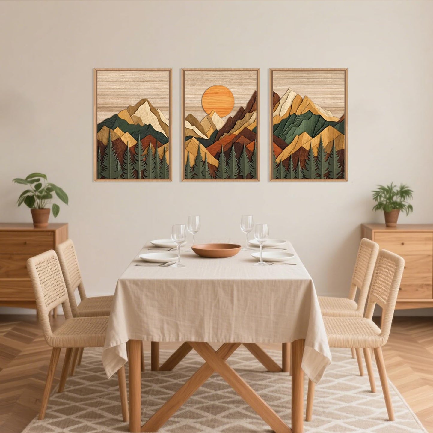 Celestdeco Woodcut Style Mountain Framed Canvas Wall Art Set, Large Brown Ridge Wall Decor, Boho Pine Tree Wall Painting, Abstract Wooden Art Print for Living Room, Bedroom, Office - 24"X36"X3(Not-3D Effect)