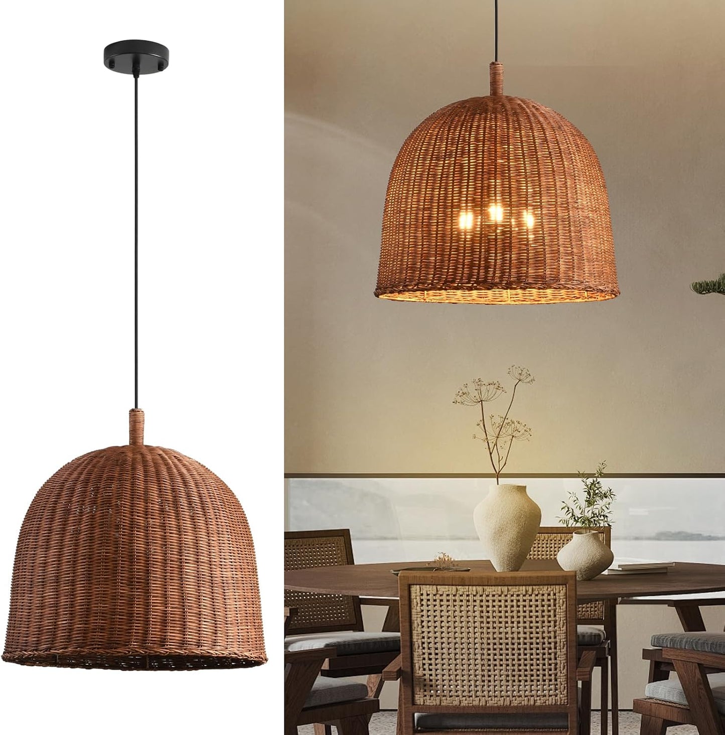 3-Light Dark Curry Rattan Pendant Light,17.7" Rustic Hanging Light,Brown Wicker Pendant Light Hand-Woven Rattan Chandelier for Workplace Restaurants Dining Living Kitchen Farmhouse