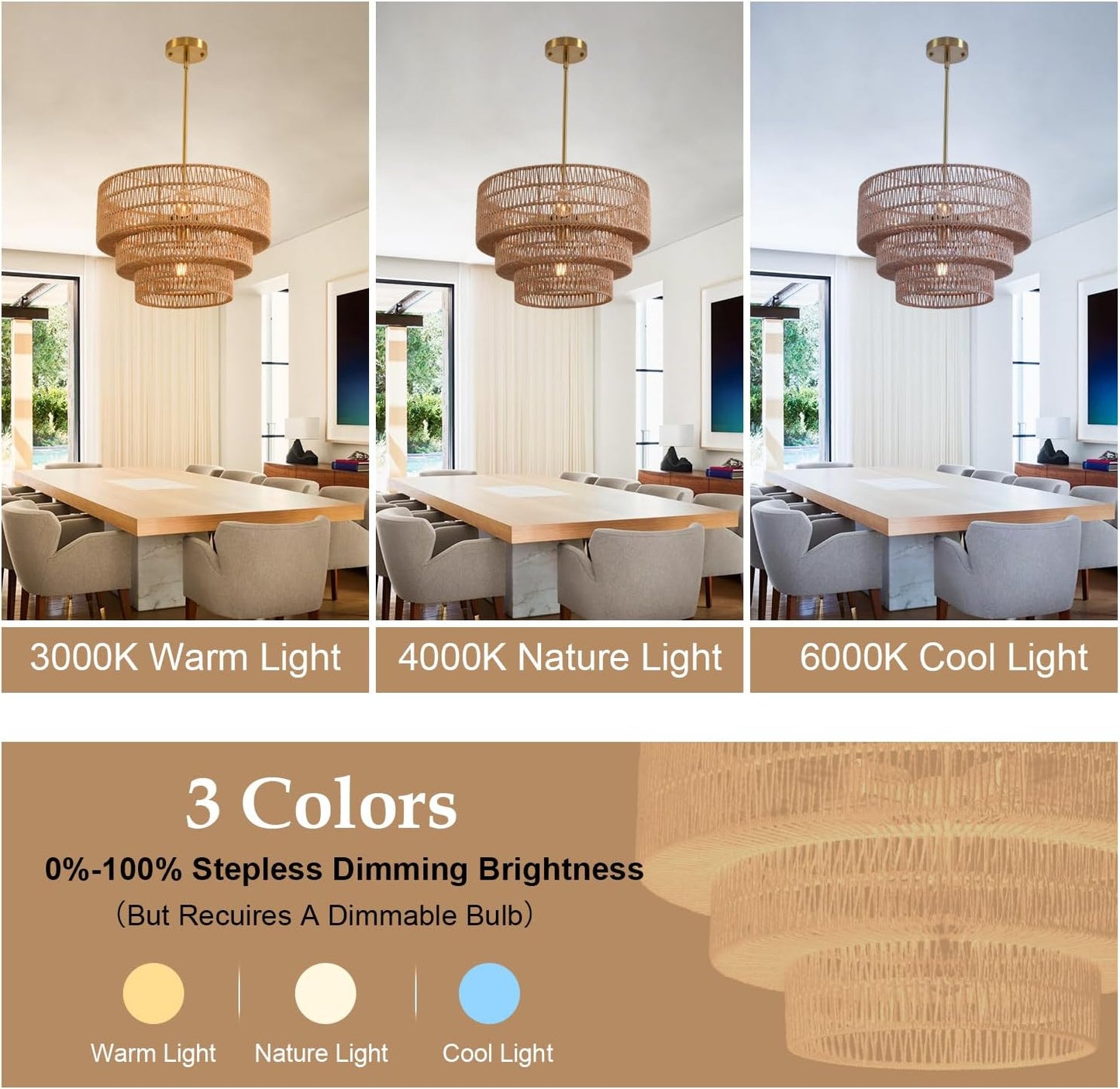 4-Light Boho Rattan Chandelier Light Fixture 17.7" 3-Tier Farmhouse Boho Chandelier Hand Woven Rattan Pendant Light Rustic