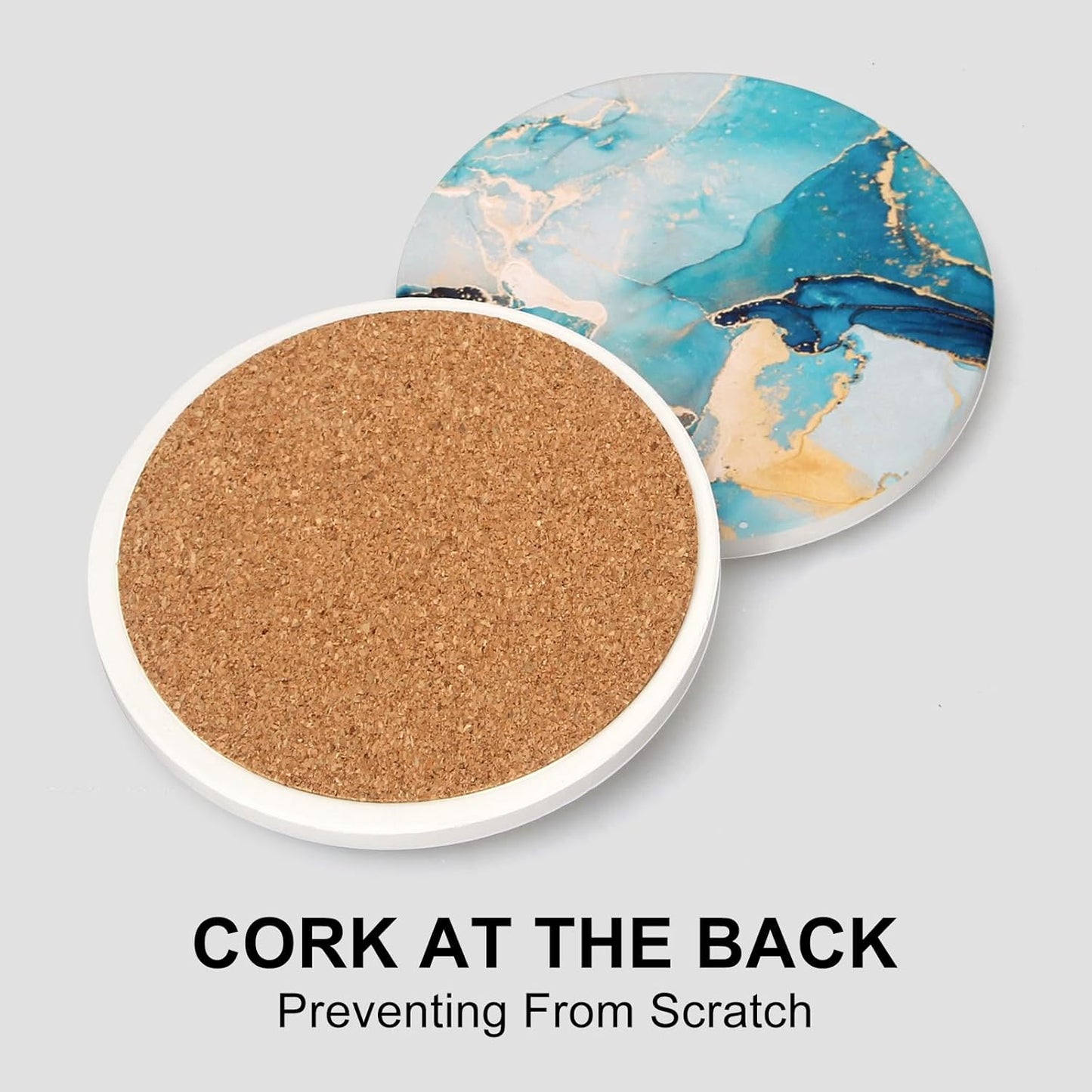 6 Pcs Light Blue Marble Abstract Ceramic Coasters with Holder Best Round Drink Absorbent Coasters for Desk, Lounge, Coffee, Wine, Beverage, Dining Table Decor, Bar Coaster Set