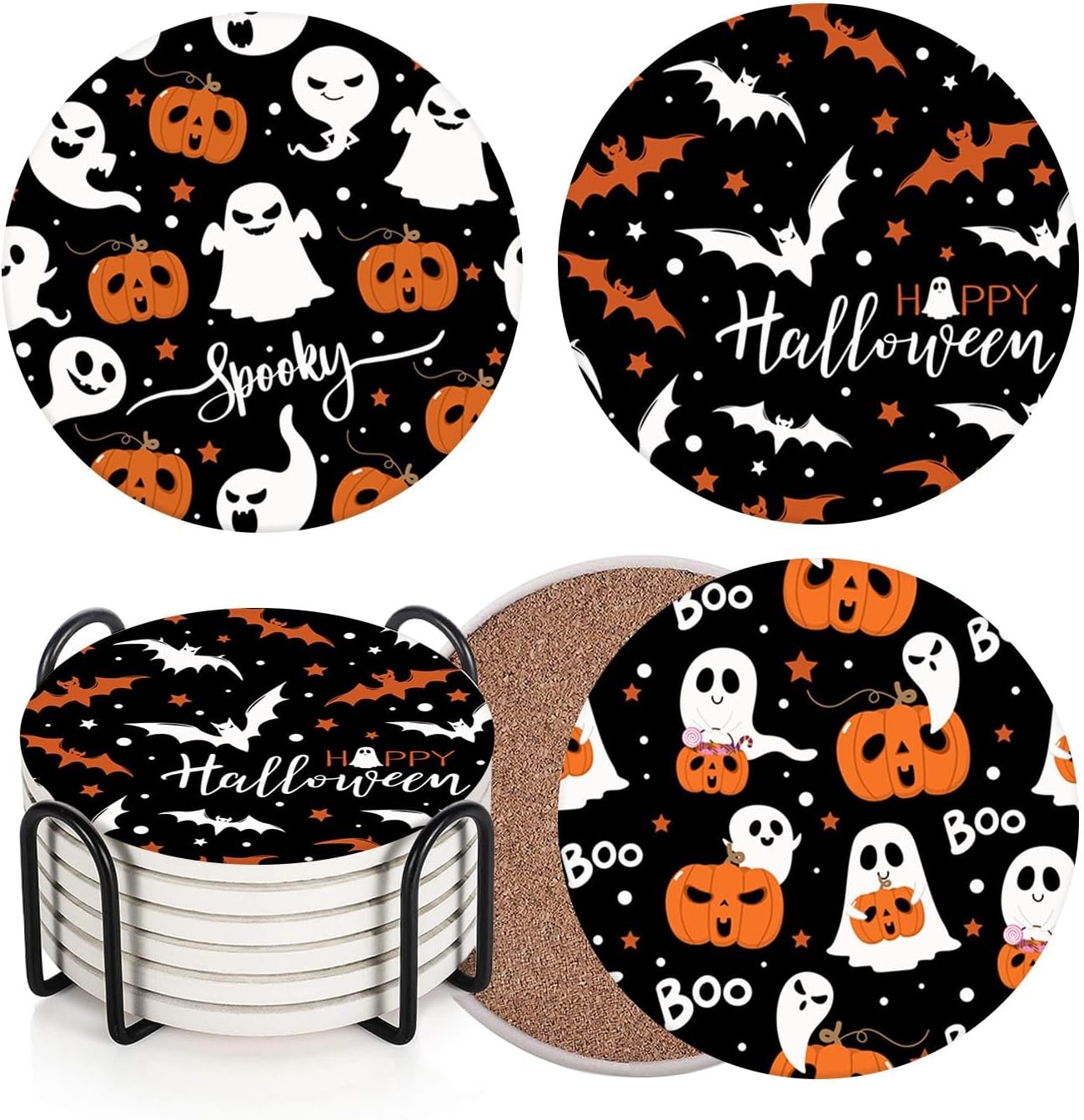 Coaster for Drinks Set of 6, Halloween Ghost Pumpkins Bats Holiday Black Absorbent Round Ceramic Stone Mat, with Cork Base and Metal Holder, Gift for Housewarming Room Bar Decor