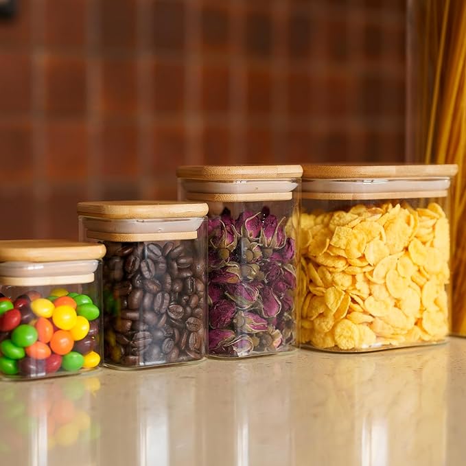 Glass Food Storage Jars Square 6oz, 16 Pack Glass Jars With Bamboo Lids, Kitchen Storage Containers For Spice, Candy, Cookie, Storage For Pantry Organizers