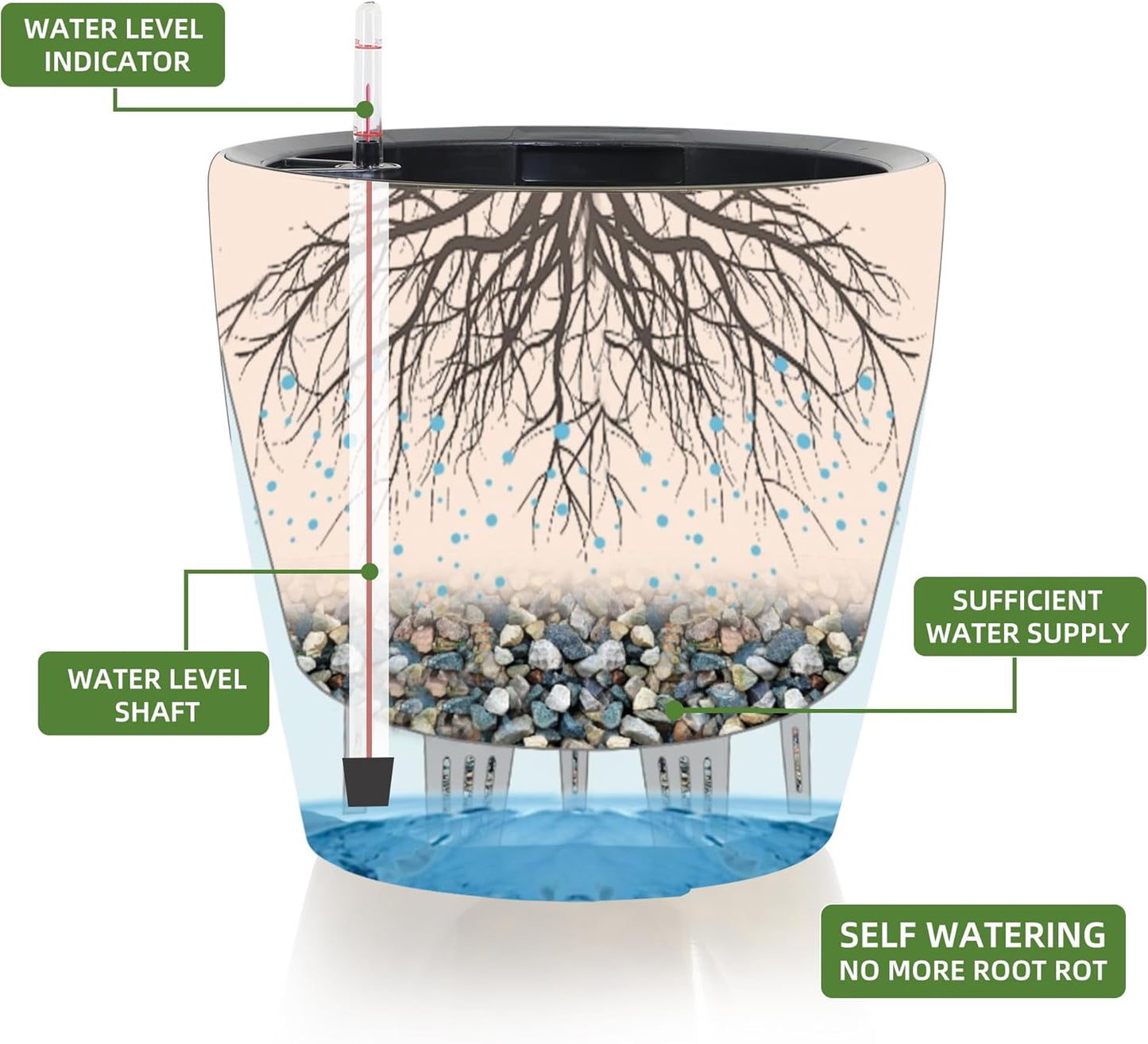 Dexceder 15x14 Self Watering Planter with Wheels Indoor Outdoor, Inner Pot Design, Thickened Large Floor Standing Flower Plant Pot with Water Level Indicator (White Gold Crackle)
