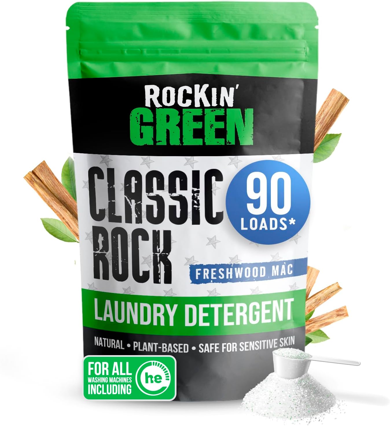 Rockin' Green Classic Rock Laundry Detergent (90 Loads), Plant based, All Natural Laundry Detergent Powder, Vegan and Biodegradable Odor Fighter, Safe for Sensitive Skin, 45 oz (Freshwood Mac)