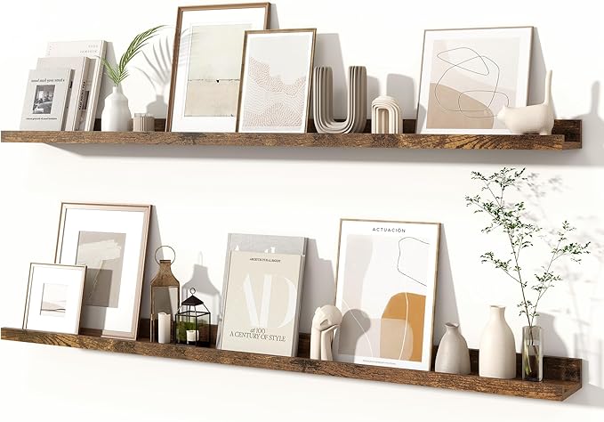 Fun Memories Picture Ledge Shelves Set of 2, 48 Inch Rustic Wall Mounted Floating Shelves with Lip for Home Storage and Décor in Bathroom, Kitchen, Nursery, Bedroom, Living Room, Brown