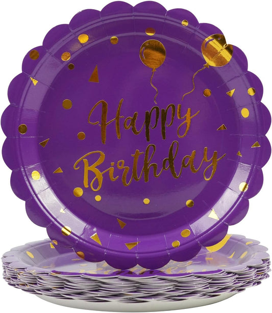 50PCS Purple Birthday Party Plates Decorations, 7 Inch Scalloped Purple and Gold Paper Plates Disposable Happy Birthday Dessert Cake Plate Party Supplies for Birthday's Decorations
