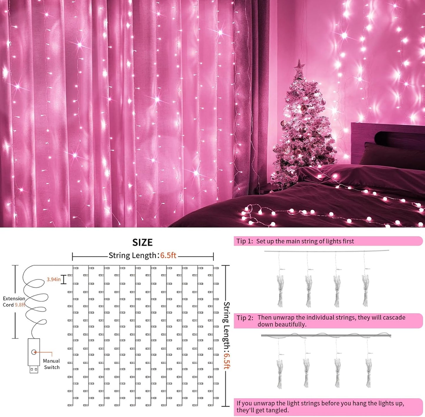suddus Curtain Lights for Bedroom, 200 Led 6.5ft x 6.5ft Hanging String Lights Outdoor, Fairy Curtain Lights for Backdrop, Window, Wall, Wedding, Party, Garden, Porch, Birthday Decorations Pink