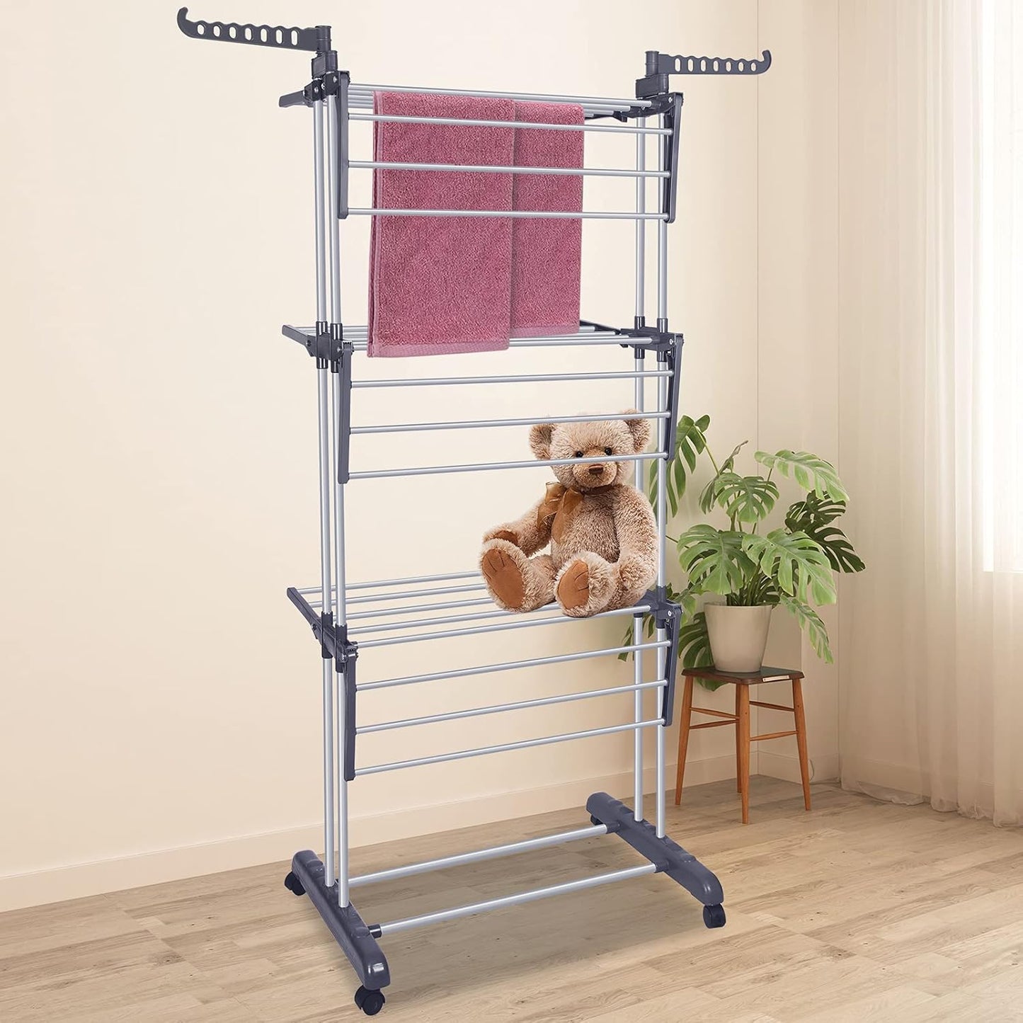 Bigzzia Clothes Drying Rack Folding Drying Rack Clothing 4 Tier Clothes Horses Rack Stainless Steel Laundry Drying Rack with Two Side Wings Grey