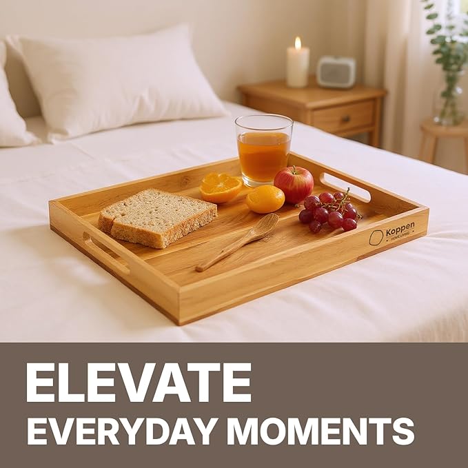 Koppen Acacia Wood Serving Tray with Handles, 17" x 13.86", Large Wooden Platter for Breakfast, Ottoman Tray for Party, Snacks, Fruit, Coffee Table, Living Room, Sofa, Bed, Outdoor