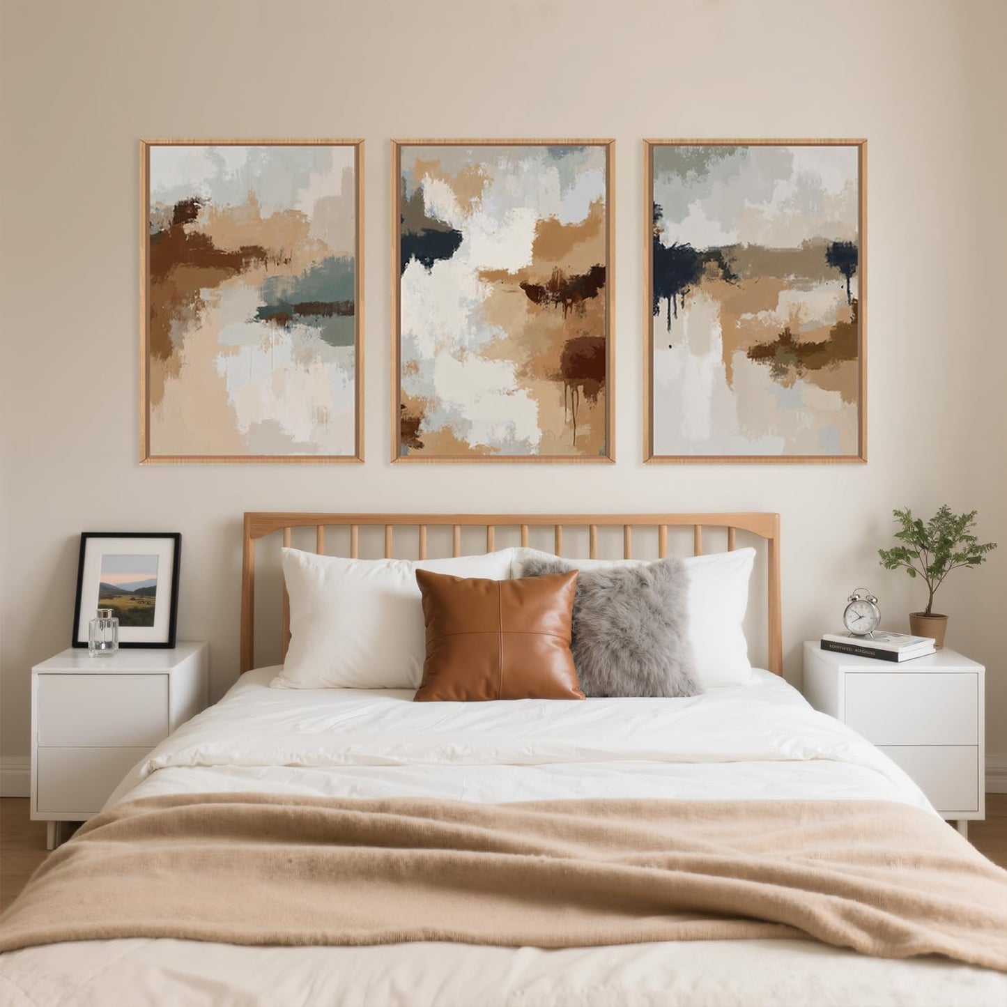 LHIUEM Large Abstract Brown Grey Framed Canvas Wall Art,Neutral Brush Stroke Pastel Wall Decor,Modern Color Block Wall Painting,Minimalist Artwork for Living Room,Bedroom,Dining Room,Office -16"x24"x3