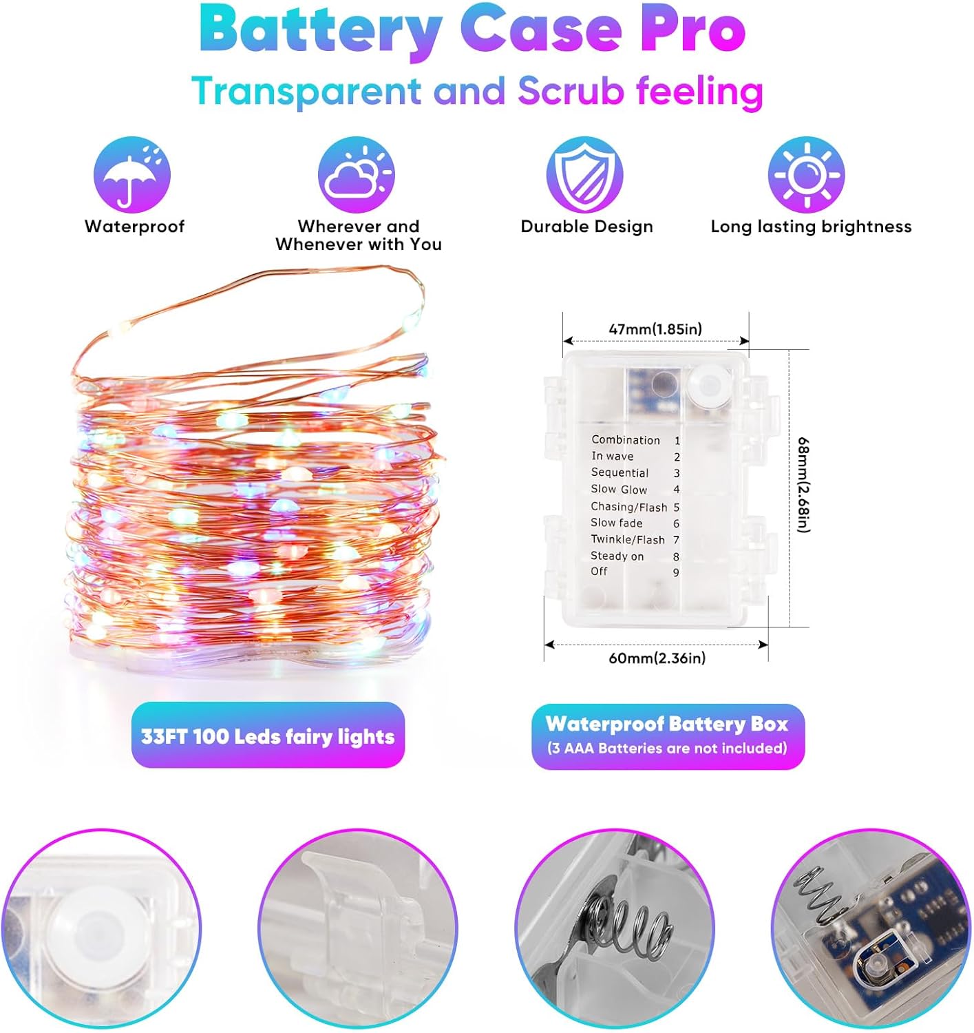 1 Pack 32.8 Ft. Battery Operated Outdoor String Lights with Remote & Timer, LED Multi Color Fairy Lights, Waterproof Twinkle Lights for Bedroom, Dorm, Mason Jar, Wedding, Party, Christmas