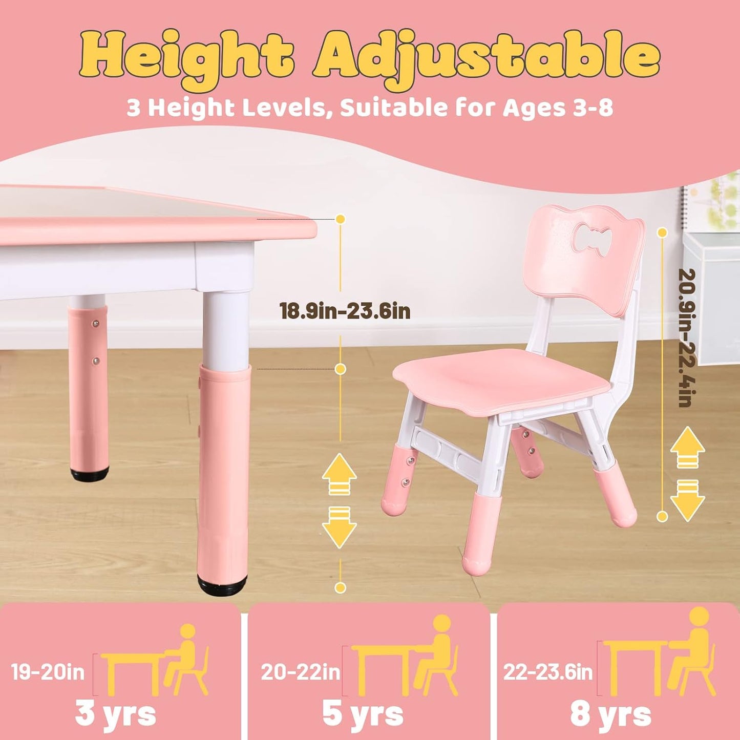 FUNLIO Kids Table and 4 Chairs Set, Height Adjustable Toddler Table and Chair Set for Ages 3-8, Easy to Wipe Arts & Crafts Table, for Classrooms/Daycares/Homes, CPC & CE Approved (5-Piece Set) - Pink