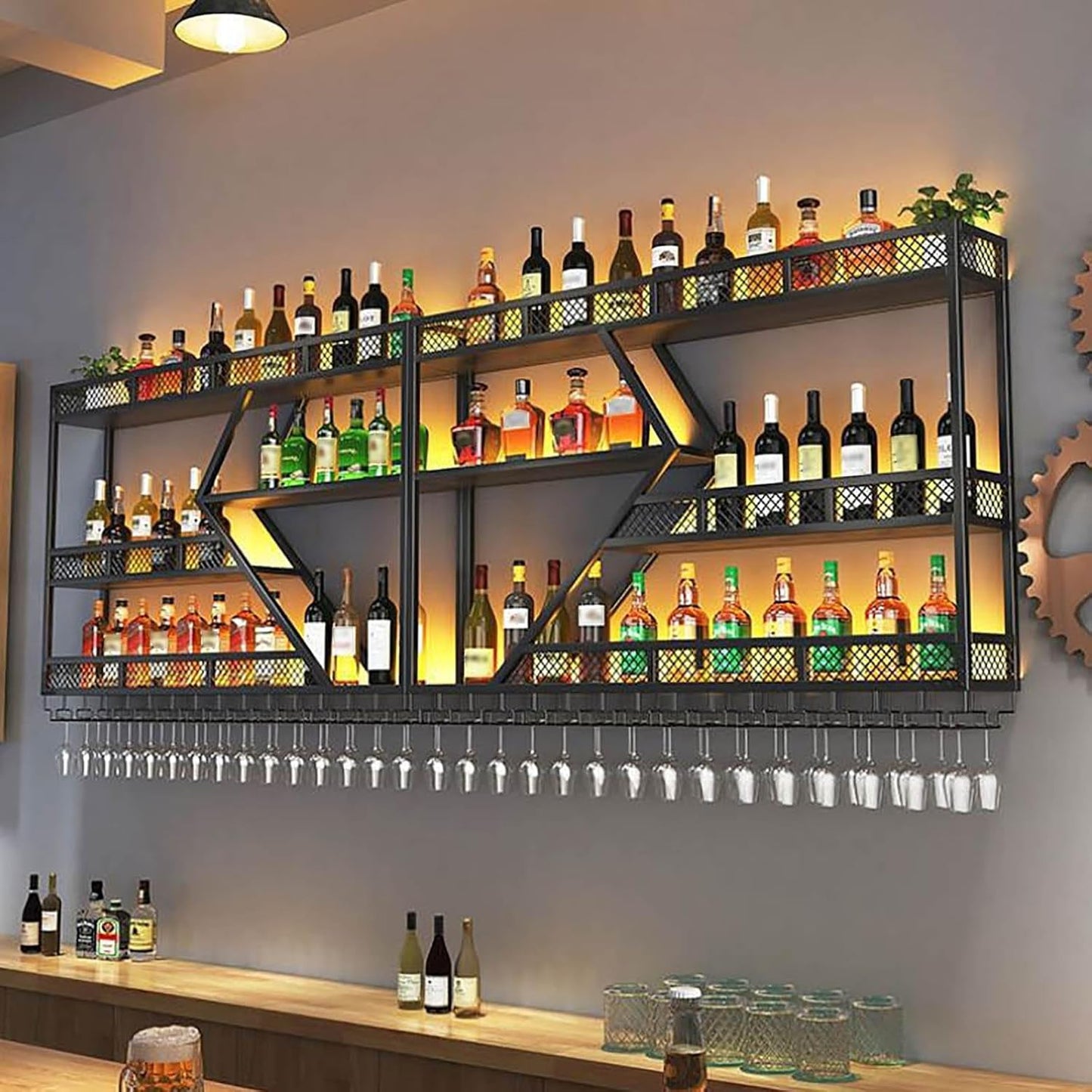 Wall Mounted Wine Rack with Glass Holder, 3-Tier Metal Storage Shelf, Black Diamond Design, Wine Bottle Display with Stemware Storage (Black, 31.49in/Left)