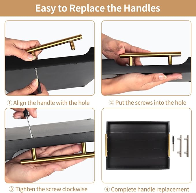 Coffee Table Trays - Large Ottoman Tray for Living Room - Wood Serving Trays with Handles(2 Sets) - Wooden Tray for Coffee Table, 4 Round Coasters Included, Black