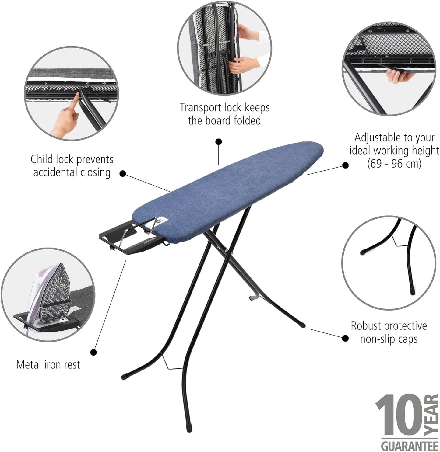 Brabantia Size A Compact Small Ironing Board (43x12 in) 7 Height Options, Adjustable Steam Iron Rest Holder (Denim Blue) Non-Slip Feet, Anti-Collapse Child Locks