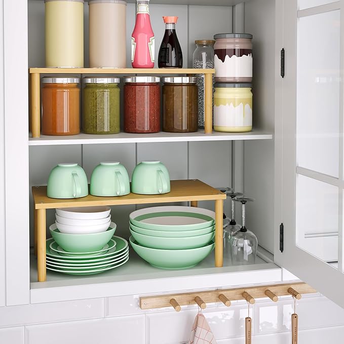 Cabinet Organizer Shelf(Set of 2),Kitchen Counter Shelves,Bamboo Stackable Expandable Spice Rack Countertop(Large)