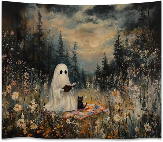 Halloween Ghost and Black Cat Tapestry Wall Hanging Spooky Ghos Reading Book in Wildflowers Wall Decor Halloween Witchy Room Aesthetic Tapestries for Goth Living Room Bedroom Decoration 70x90inch