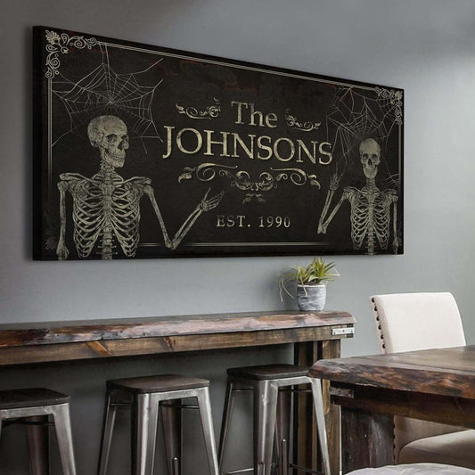 Tailored Canvases Gothic Family Wall Decor - Personalized Grunge Vintage Skeleton Room Decor for Home, Halloween Lovers, Men & Women for Bedroom, Living Room - Goth Spooky, Custom Couple Name, 60"x30"